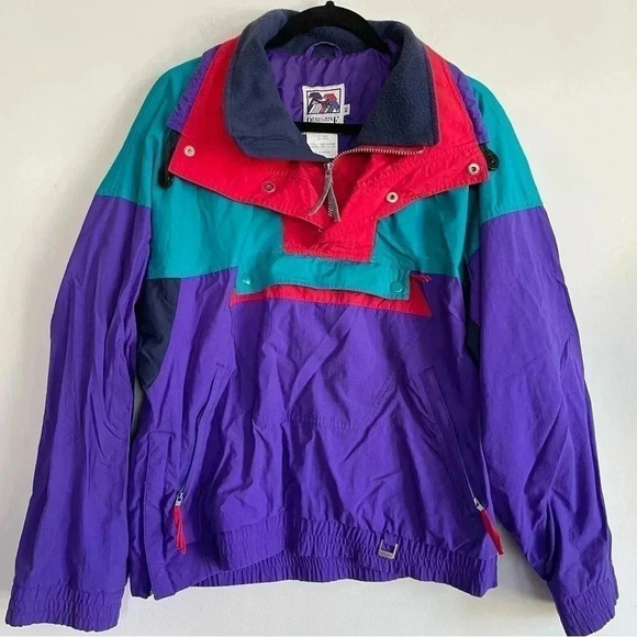 Vintage Peregrine Windbreaker Jacket Colorful Red Purple Teal Cowl Neck M - Picture 1 of 12